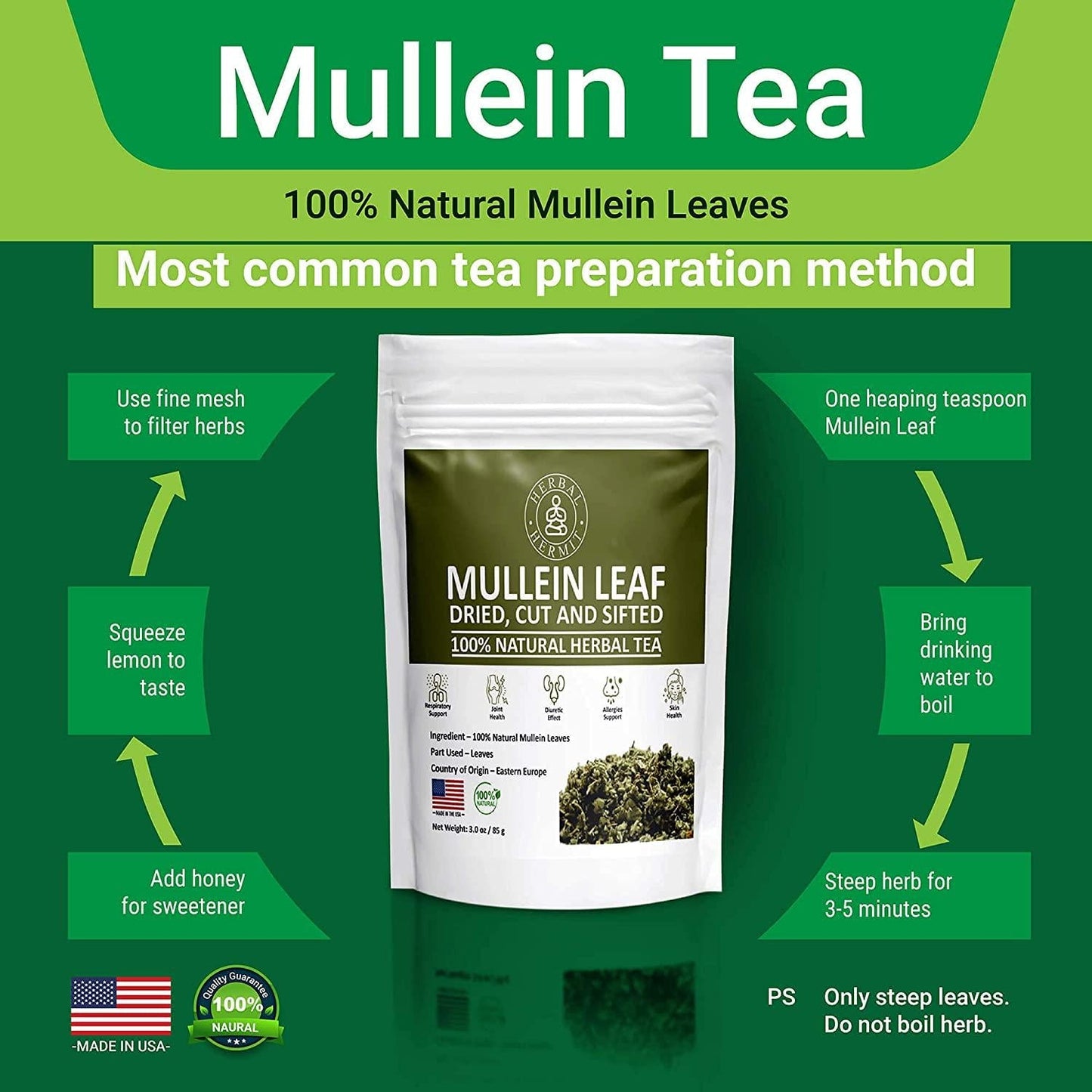Mullein Leaf Tea, Herb for Respiratory Support, Mucous Membranes, Lung Cleanse| Dried Leaves Blend, Cut and Sifted| 3oz (85 grams)| Made in USA