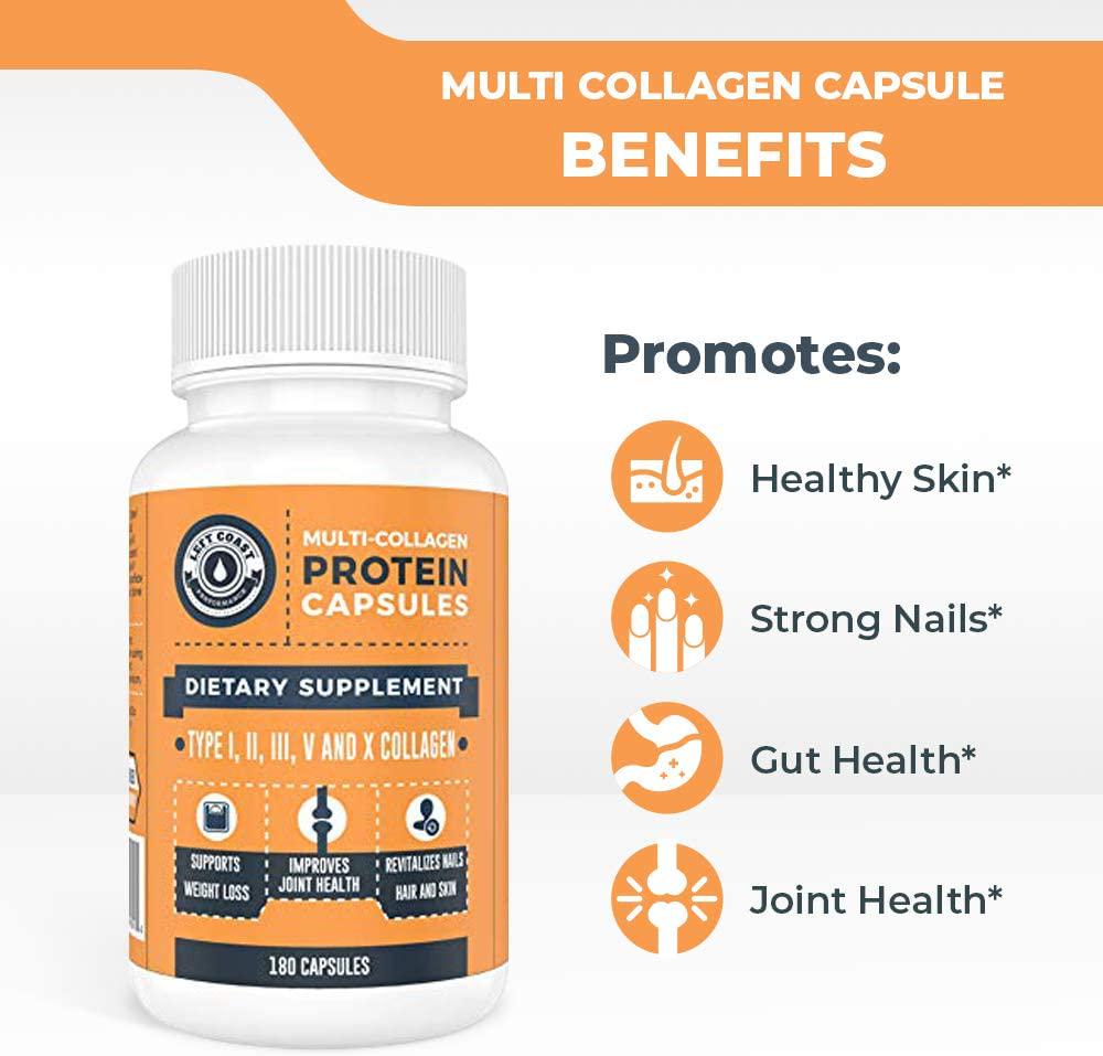 Multi Collagen Caps (Collagen Capsules 1 2 3 5 10) - 180 Count Collagen Peptide Pills. Grass Fed Bovine, Chicken and Eggshell Collagen Capsules Protein Supplement, by Left Coast Performance