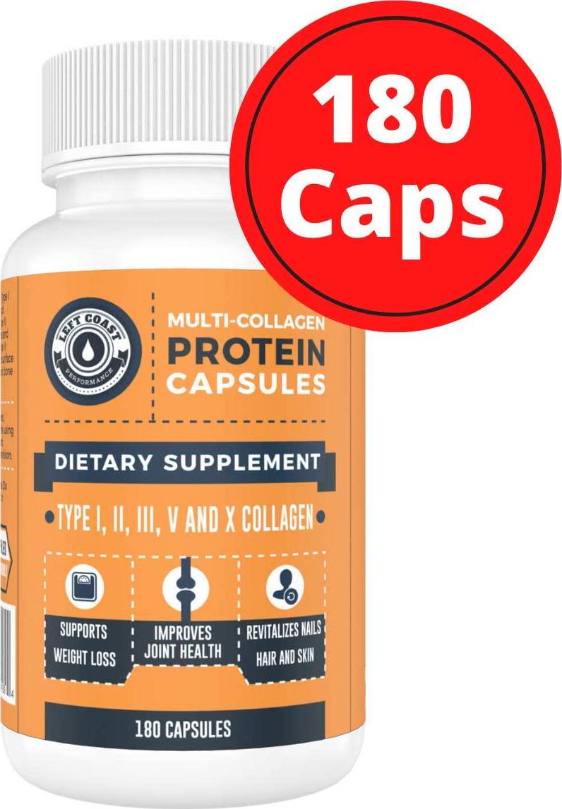 Multi Collagen Caps (Collagen Capsules 1 2 3 5 10) - 180 Count Collagen Peptide Pills. Grass Fed Bovine, Chicken and Eggshell Collagen Capsules Protein Supplement, by Left Coast Performance