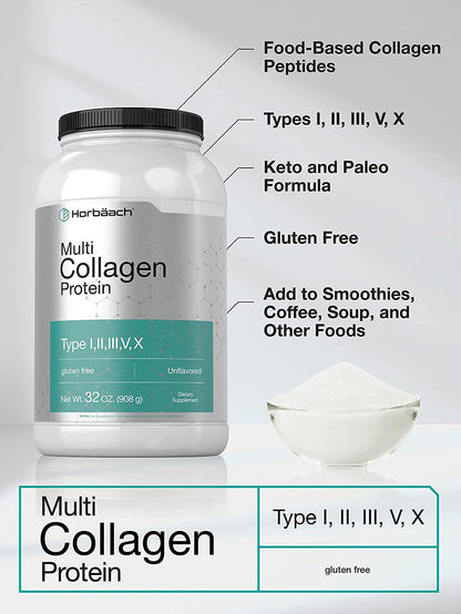 Multi Collagen Protein Powder 32 oz | Unflavored Collagen Peptides | Type I, II, III, V, X | Keto and Paleo Friendly Non-GMO, Gluten Free | by Horbaach