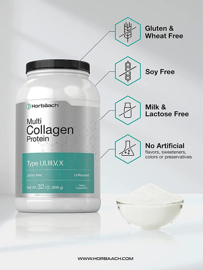 Multi Collagen Protein Powder 32 oz | Unflavored Collagen Peptides | Type I, II, III, V, X | Keto and Paleo Friendly Non-GMO, Gluten Free | by Horbaach