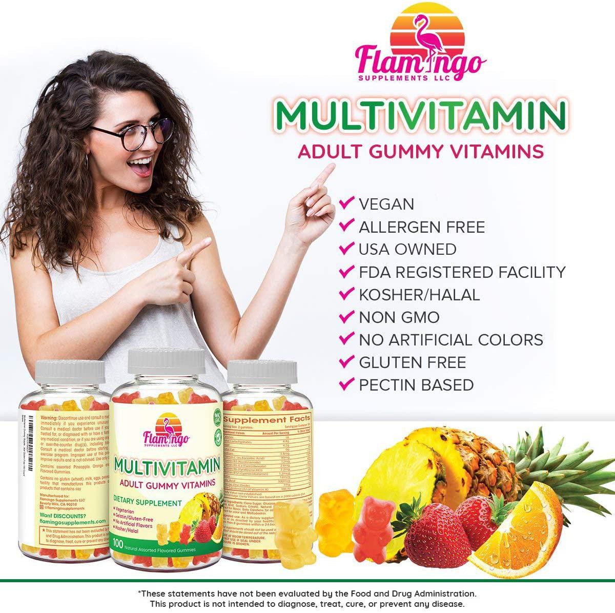 Multivitamin Gummies | Vegan Friendly, Kosher Halal NO Gluten or Gelatin, no GMO| for Men, Women and Kids| 3 Natural Flavors | Vitamins A, C, B3, B12, Biotin, Zinc and More| 100 Gummies