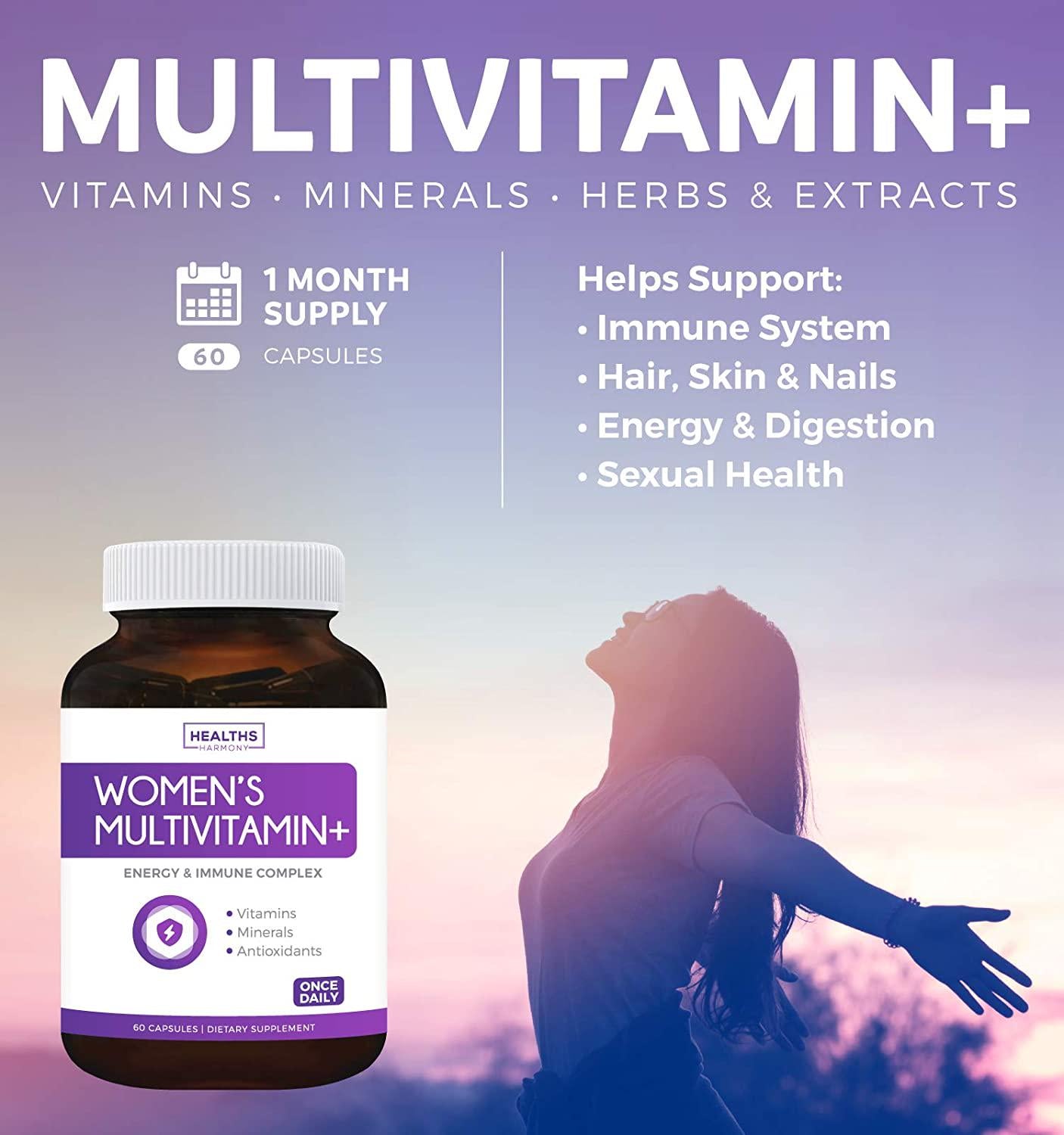 Multivitamin for Women (Non-GMO) Daily Women's Multivitamin + Minerals for Energy Boost, Antioxidants, Hair and Eye Health - with Iron, Biotin, Zinc, Magnesium and Lutein - Vitamins Plus - 60 Capsules