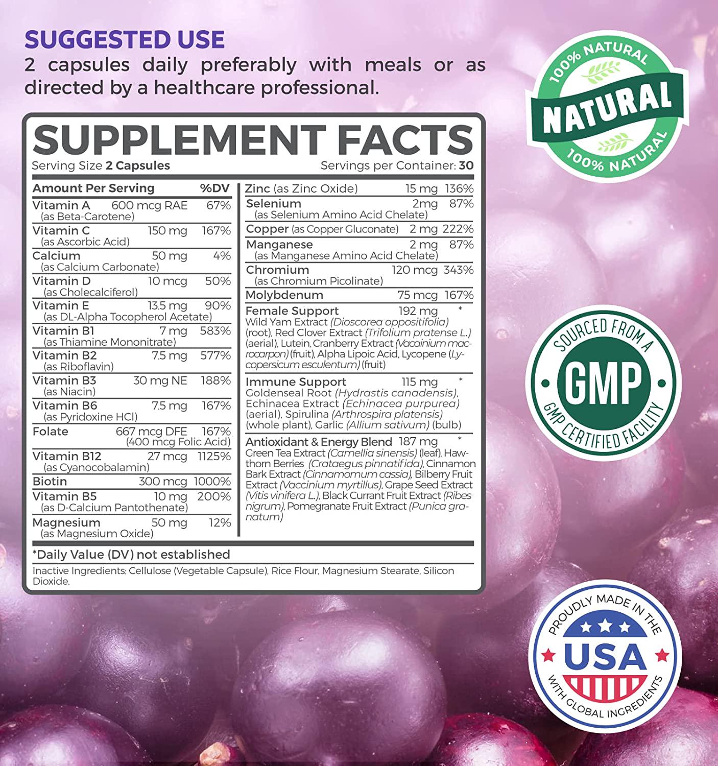 Multivitamin for Women (Non-GMO) Daily Women's Multivitamin + Minerals for Energy Boost, Antioxidants, Hair and Eye Health - with Iron, Biotin, Zinc, Magnesium and Lutein - Vitamins Plus - 60 Capsules