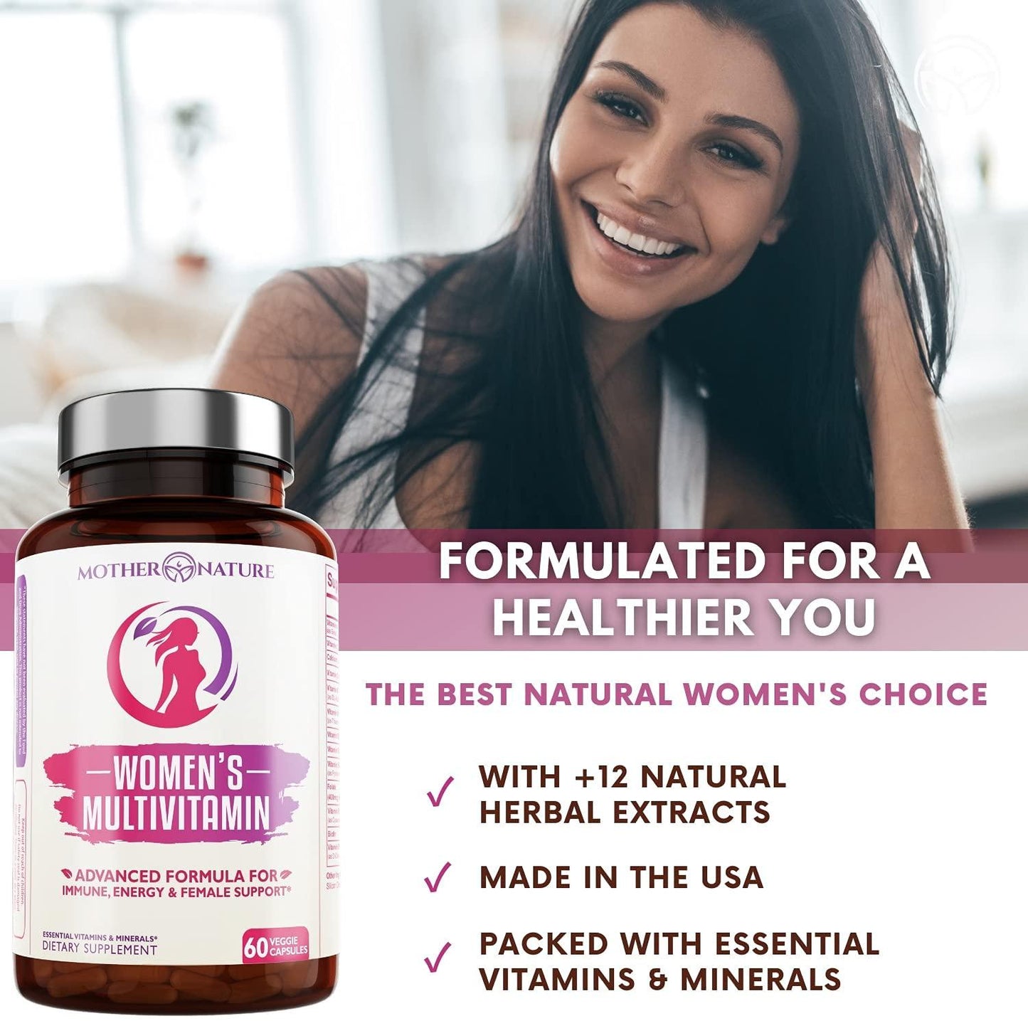 Multivitamins for Women - Advanced Formula Capsules (60 Count) - Gluten-Free, Sugar-Free, Soy-Free, Dairy-Free and Vegan-Friendly Multimineral Supplement for Daily, Energy and Immune Support