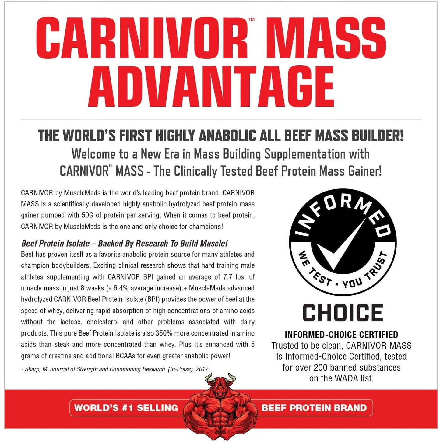 MuscleMeds Carnivor Mass Anabolic Beef Protein Gainer, Vanilla Caramel, 10.5 Pounds