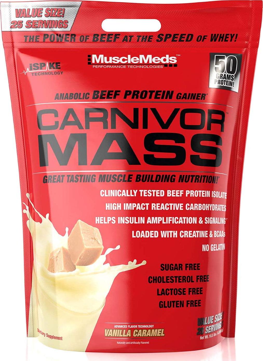 MuscleMeds Carnivor Mass Anabolic Beef Protein Gainer, Vanilla Caramel, 10.5 Pounds