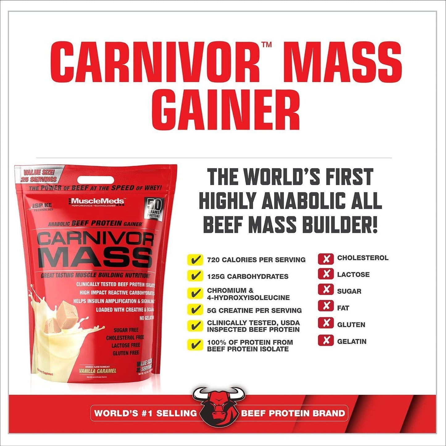 MuscleMeds Carnivor Mass Anabolic Beef Protein Gainer, Vanilla Caramel, 10.5 Pounds