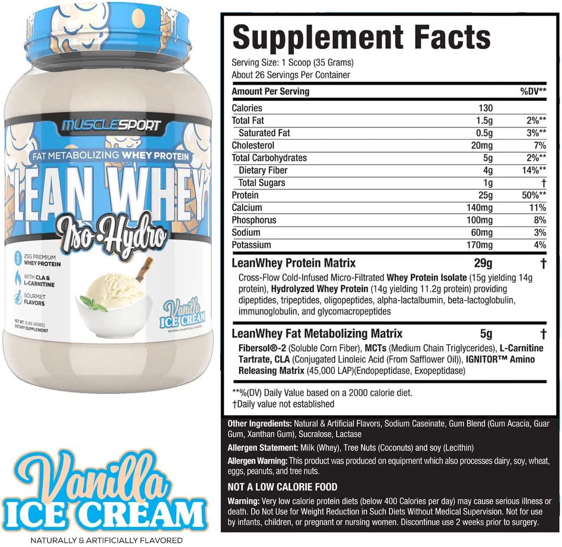 MuscleSport Lean Whey Revolution Protein Powder - Whey Protein Isolate - Low Calorie, Low Carb, Low Fat, Incredible Flavors - 25g Protein per Scoop (2LB, Vanilla Ice Cream)