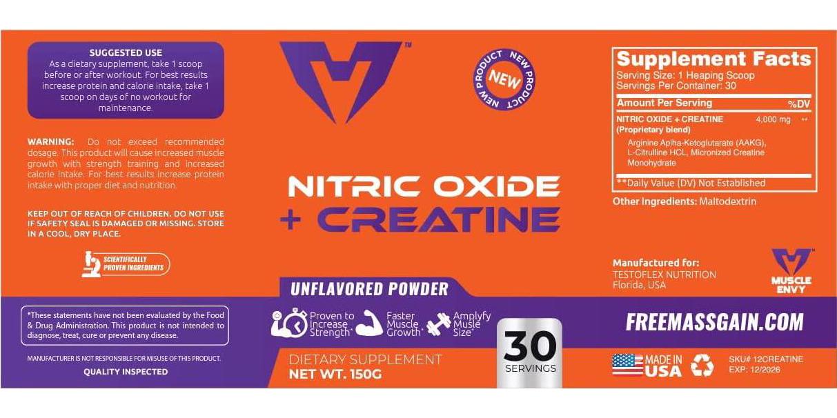 Muscle Envy-Nitric Oxide + CREATINE-Mass Gain-Unflavored-The King of Creatine Leading to Massive Gains, Special Blend of Creatine Formulated to Excel Muscle Mass-Creatine Monohydrate, Vegan