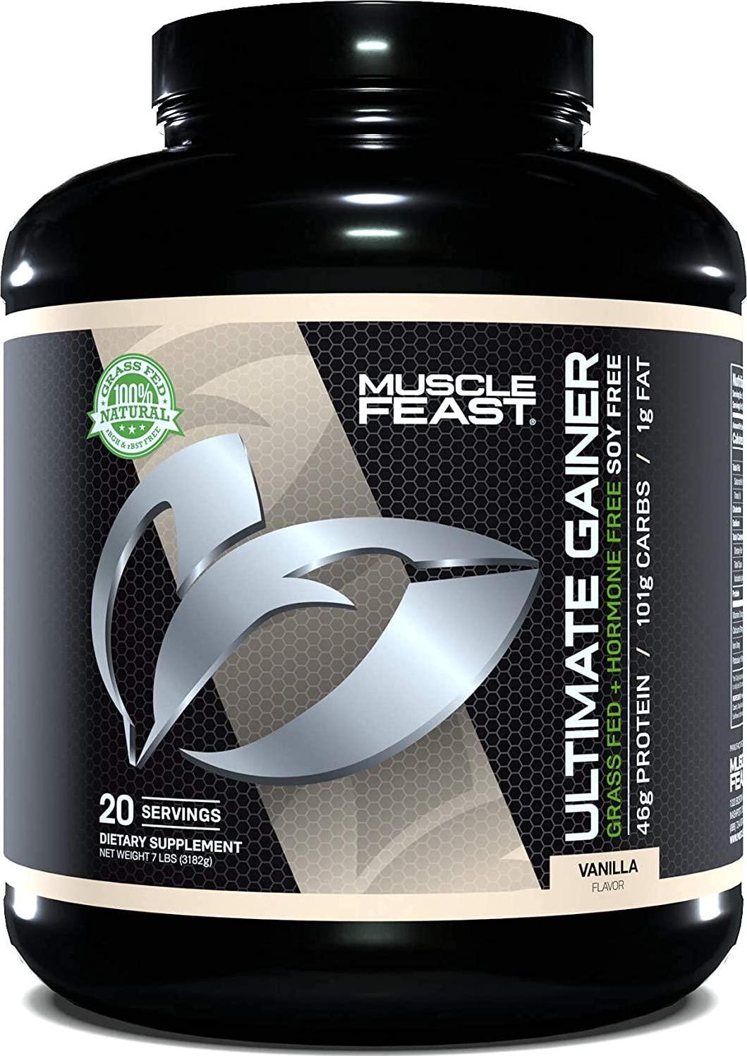 Muscle Feast Ultimate Weight Gainer Protein Powder | Grass Fed, Pasture Raised, RBST/rBGH Free (No Added Hormones), Soy Free, Kosher, Vegetarian, Gluten Free, Naturally Flavored | 46g Protein | Vanilla 7lb