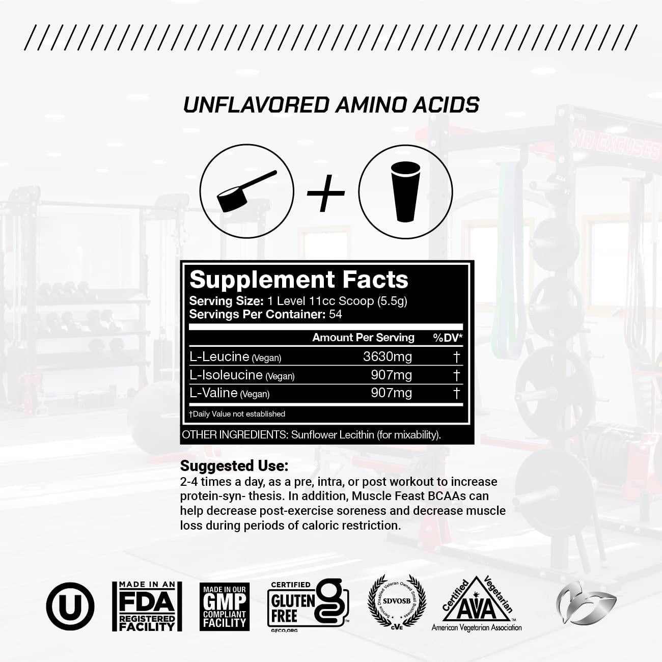 Muscle Feast Vegan BCAA Powder 4:1:1 Ratio Keto Friendly Sugar Free Post Workout Recovery, Unflavored, 300g