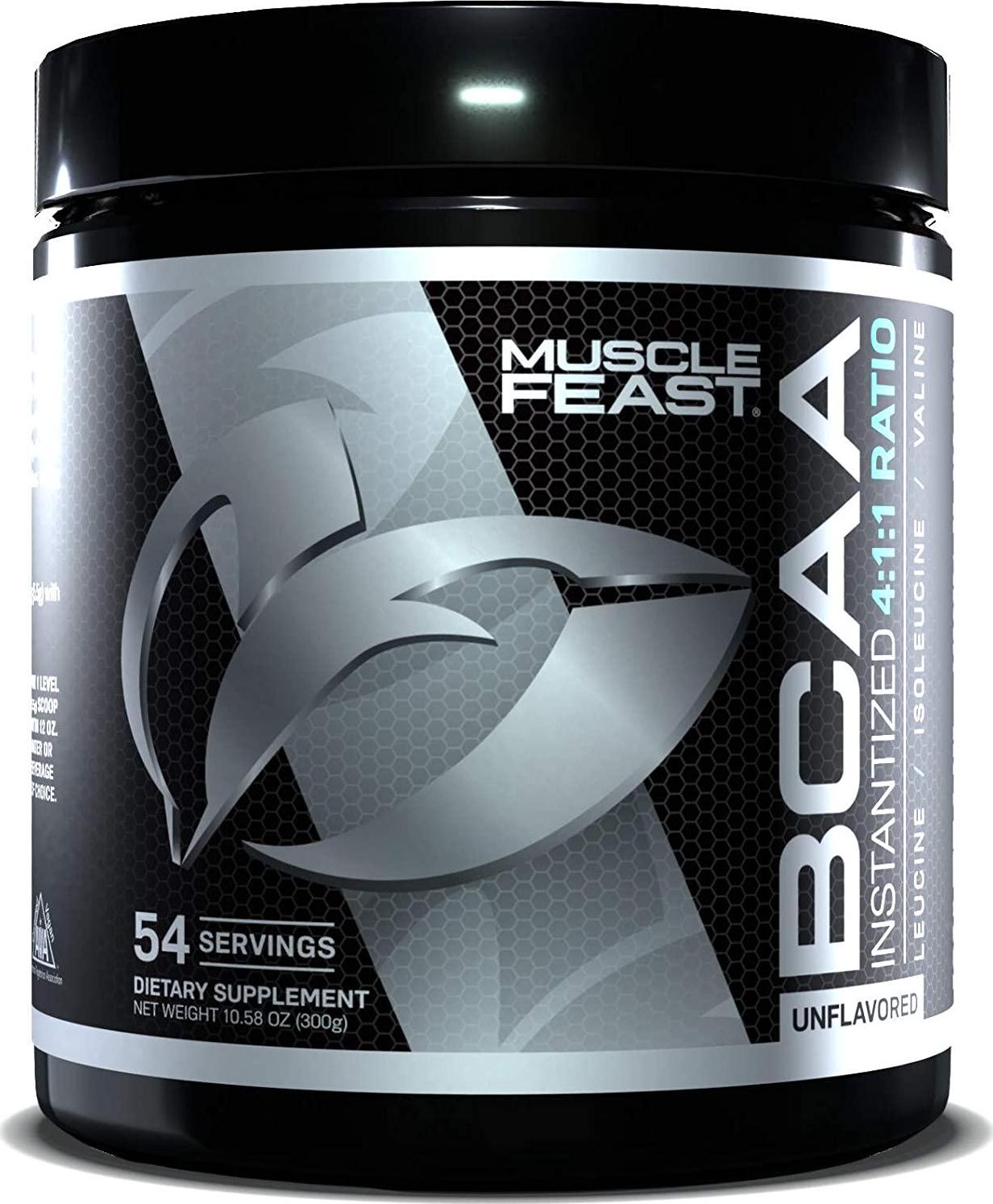 Muscle Feast Vegan BCAA Powder 4:1:1 Ratio Keto Friendly Sugar Free Post Workout Recovery, Unflavored, 300g