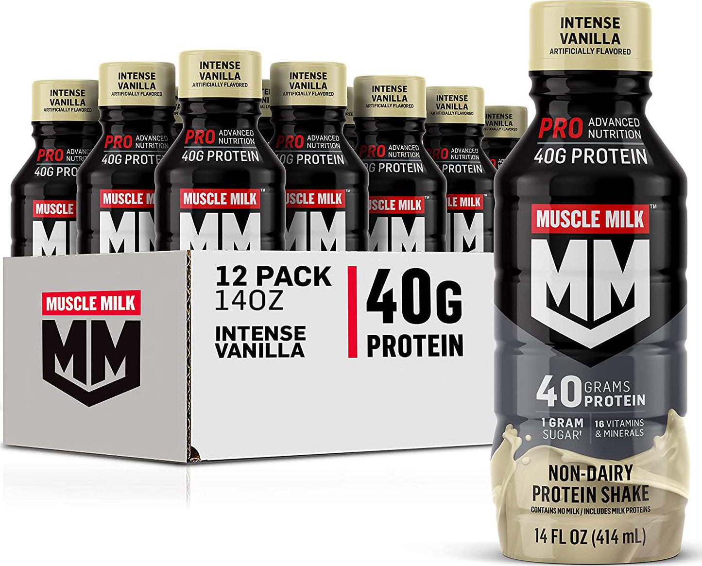Muscle Milk Pro Advanced Nutrition Protein Shake, Intense Vanilla, 14 Fl Oz Bottle, 12 Pack, 40g Protein, 1g Sugar, 16 Vitamins and Minerals, 6g Fiber, Workout Recovery, Packaging May Vary