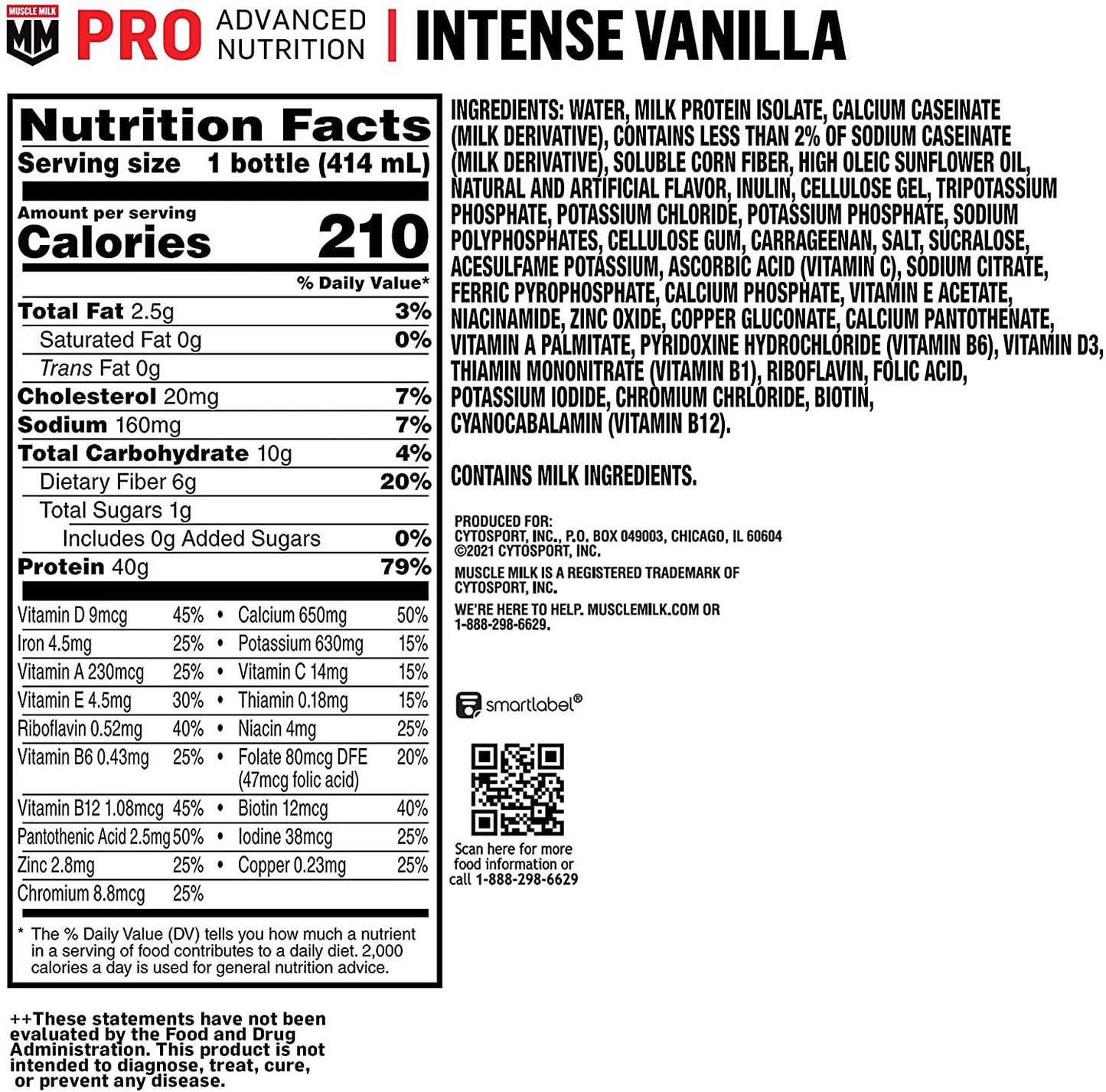 Muscle Milk Pro Advanced Nutrition Protein Shake, Intense Vanilla, 14 Fl Oz Bottle, 12 Pack, 40g Protein, 1g Sugar, 16 Vitamins and Minerals, 6g Fiber, Workout Recovery, Packaging May Vary