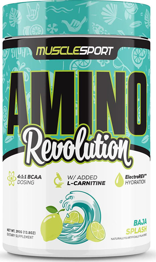 Muscle Sport Amino Revolution Amino Acid Powder Supplement for Men and Women - EAA Supplement - Electrolytes Powder with Added L-Carnitine (Baja Splash)