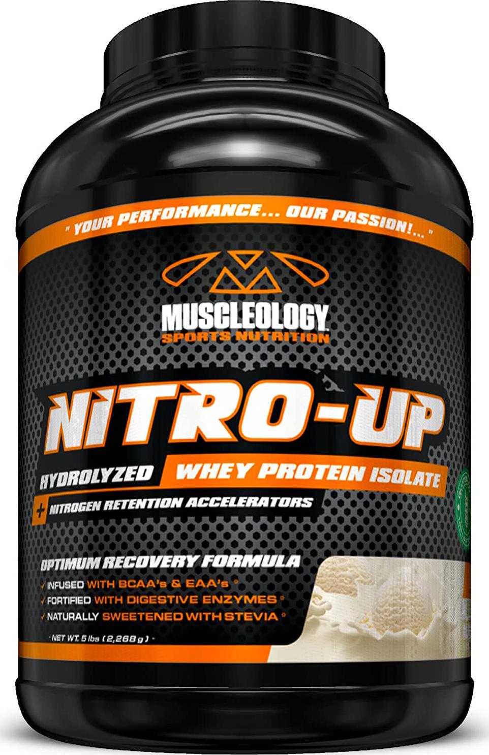Muscleology Sports Nutrition Nitro-Up Hydrolyzed Whey Isolate Protein, Vanilla, Infused with BCAAs, EAAs, and Digestive Enzymes 5 lbs