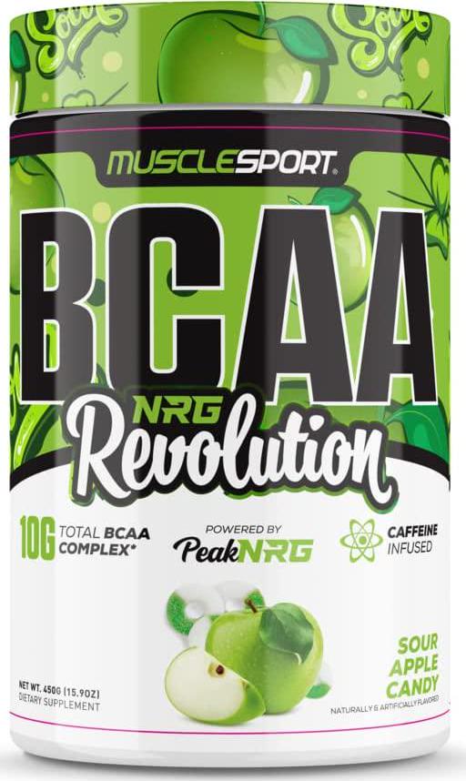 Musclesport BCAA NRG Amino Acid Energy Powder Supplement for Men and Women - Intra Workout Training Complex with Glutamine and Electrolytes for Recovery, Endurance(Sour Apple Candy)