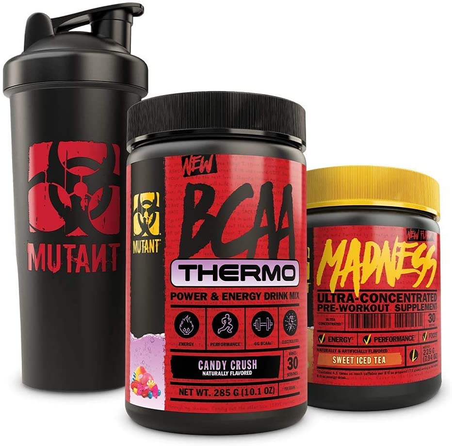 Mutant BCAA Thermo + Madness + Shaker Cup Bundle - Keto Friendly, Vegan, Pre-Workout Energy Support with 1L Shaker Cup – 285 g and 225 g – Candy Crush and Sweet Iced Tea