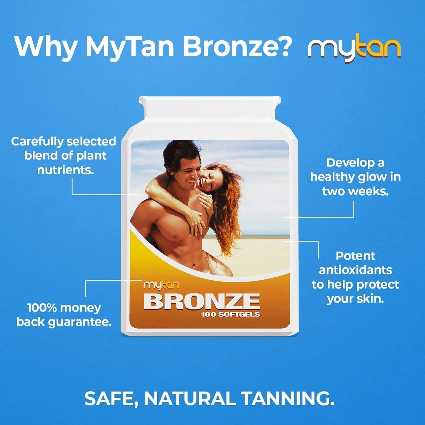 MyTan Bronze Tanning Pills | 100 Softgels | Sunless Tan Supplement | With Astaxanthin Lutein Lycopene And More | Over 7-Week Supply