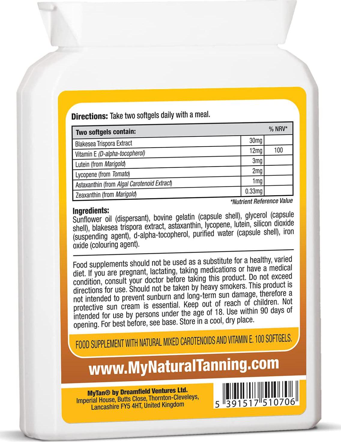 MyTan Bronze Tanning Pills | 100 Softgels | Sunless Tan Supplement | With Astaxanthin Lutein Lycopene And More | Over 7-Week Supply