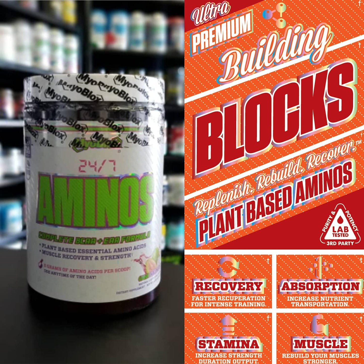 MyoBlox 24/7 Aminos - BCAA and EAA Amino Acids - Helps Build Muscle, Increase Endurance, Focus and Recover Faster - Pre Post and Intra Workout - Jolly Melon - 30 Servings