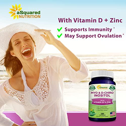 Myo-Inositol and D-Chiro Inositol Supplement - 180 Capsules - Plus Vitamin D3 and Zinc - Myo and D-Chiro Inositol 40 to 1 Ratio - VIT B8 Complex Pills