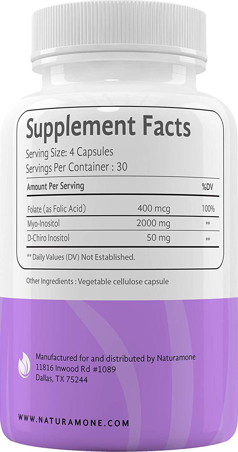 Myo-Inositol and D-Chiro Inositol Blend with 100% of Daily Folate - 40:1 Physiological Ratio - Polycystic Ovary Syndrome (PCOS), Hormonal Balance and Ovarian Support by Naturamone - 120 Capsules