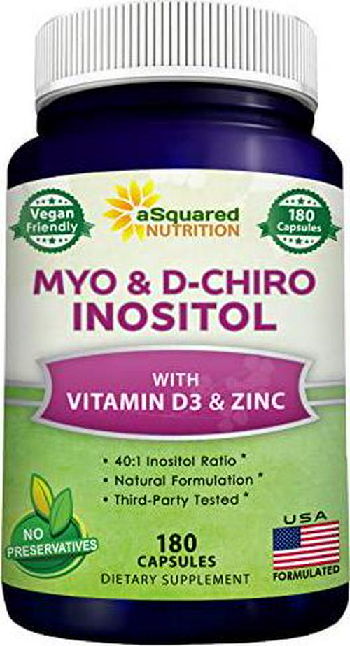 Myo-Inositol and D-Chiro Inositol Supplement - 180 Capsules - Plus Vitamin D3 and Zinc - Myo and D-Chiro Inositol 40 to 1 Ratio - VIT B8 Complex Pills