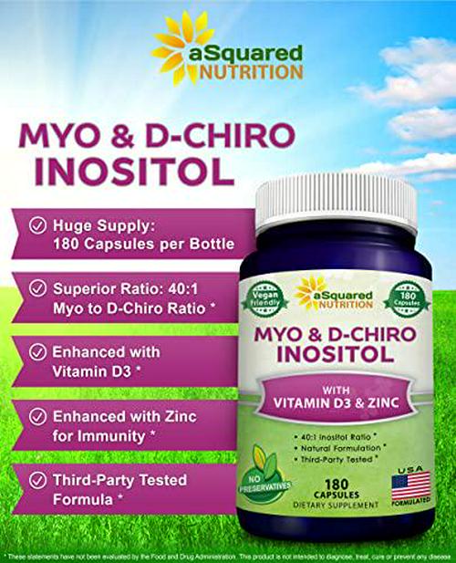 Myo-Inositol and D-Chiro Inositol Supplement - 180 Capsules - Plus Vitamin D3 and Zinc - Myo and D-Chiro Inositol 40 to 1 Ratio - VIT B8 Complex Pills