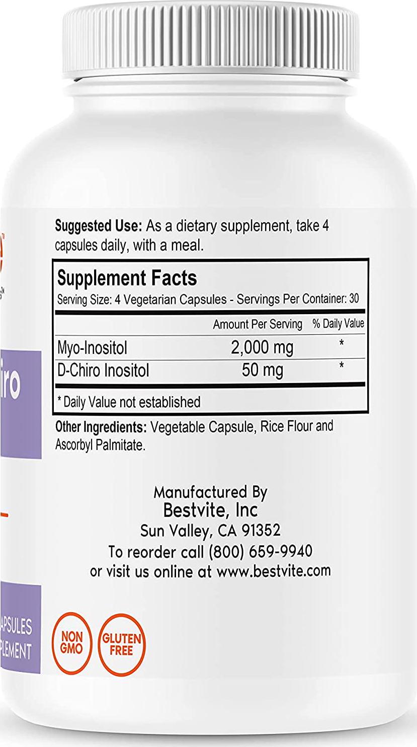 Myo and D-Chiro Inositol (120 Vegetarian Capsules) - 40:1 Ratio - No Stearates - Vegan - Non GMO - Gluten Free