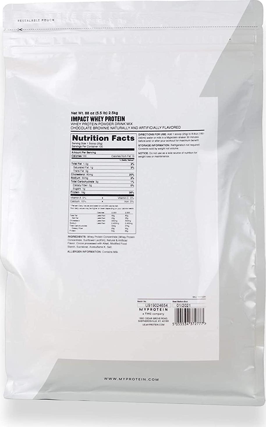 Myprotein Impact Whey Protein Blend, Chocolate Brownie, 5.5 lbs (100 Servings)