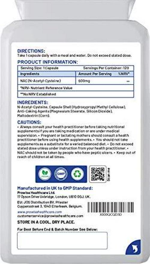 NAC N-Acetyl- Cysteine 600mg 240 Capsules not Tablets - UK Manufactured | GMP Standards by Prowise Healthcare | Suitable for Vegetarians and Vegans
