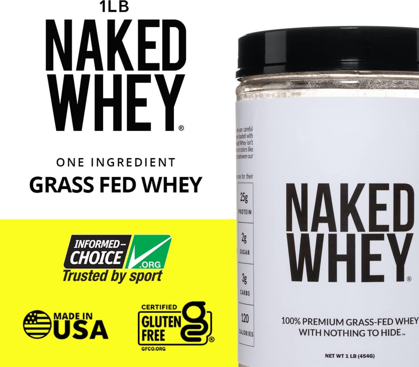 NAKED WHEY 1LB - Only 1 Ingredient, 100% Grass Fed Whey Protein Powder From Idaho and California Farms, Undenatured, No GMOs, No Soy, Gluten Free, Stimulate Muscle Growth, Enhance Recovery - 15 Servings