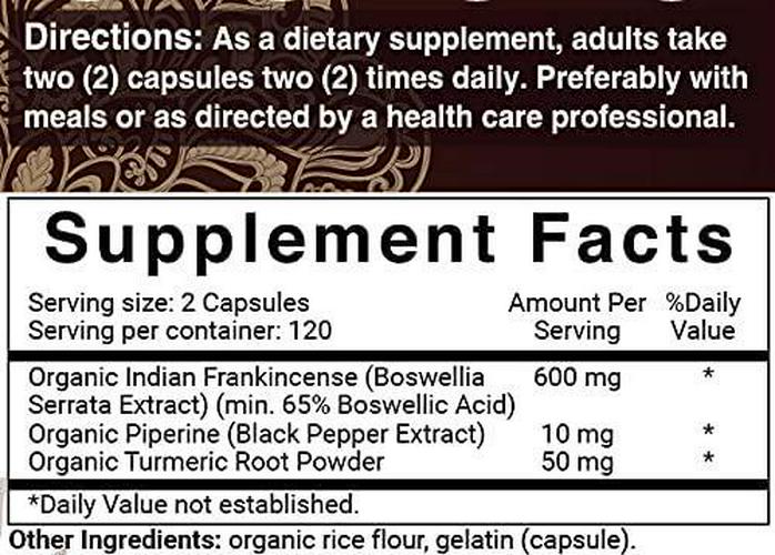 NATUREBELL Organic Boswellia Extract Capsules, 600mg Per Serving, 240 Capsules with Black Pepper, Strongly Supports Muscle and Joint Health, Non-GMO, Made with Organic Boswellia