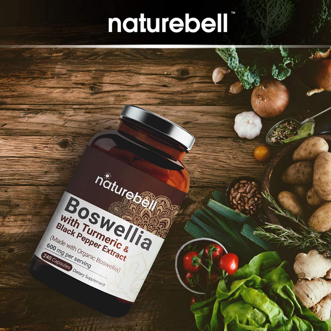 NATUREBELL Organic Boswellia Extract Capsules, 600mg Per Serving, 240 Capsules with Black Pepper, Strongly Supports Muscle and Joint Health, Non-GMO, Made with Organic Boswellia