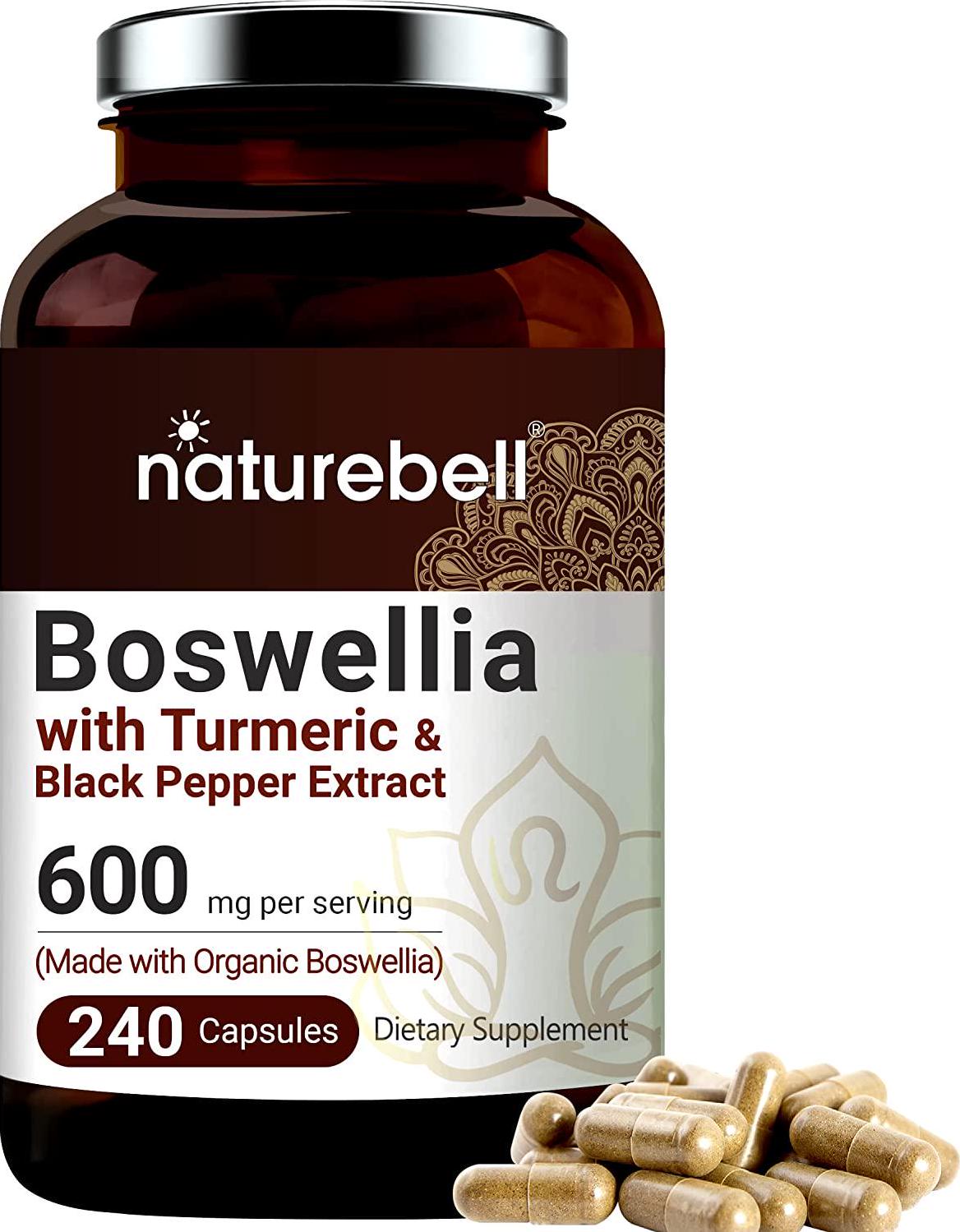 NATUREBELL Organic Boswellia Extract Capsules, 600mg Per Serving, 240 Capsules with Black Pepper, Strongly Supports Muscle and Joint Health, Non-GMO, Made with Organic Boswellia