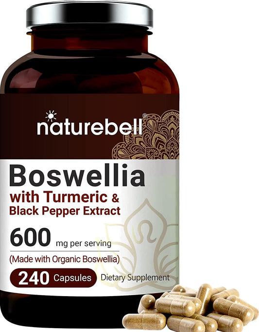 NATUREBELL Organic Boswellia Extract Capsules, 600mg Per Serving, 240 Capsules with Black Pepper, Strongly Supports Muscle and Joint Health, Non-GMO, Made with Organic Boswellia