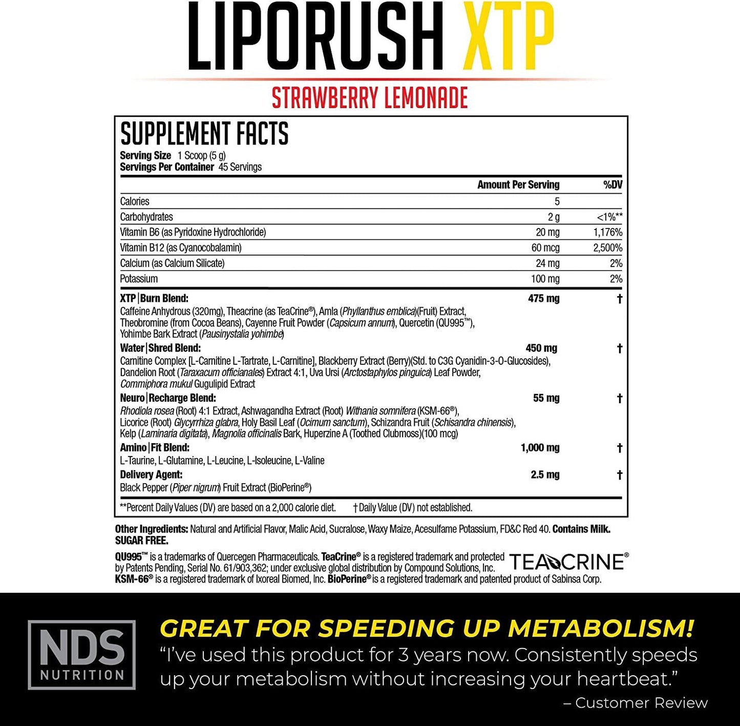 NDS Nutrition LipoRush XTP Thermogenic Fat Burner with L-Carnitine - Energy, Focus, and Appetite Control - Extreme Thermogenic Fat Burning Powder Weight Loss - Strawberry Lemonade (45 Servings)
