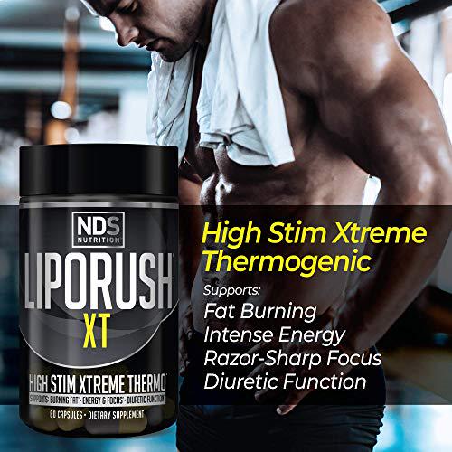 NDS Nutrition LipoRush XT - Super Concentrated Thermogenic with L-Carnitine and Teacrine for Shredding Fat - Supports Maximum Energy, Focus, Calorie Burning, Diuretic, Appetite Control (60 Capsules)