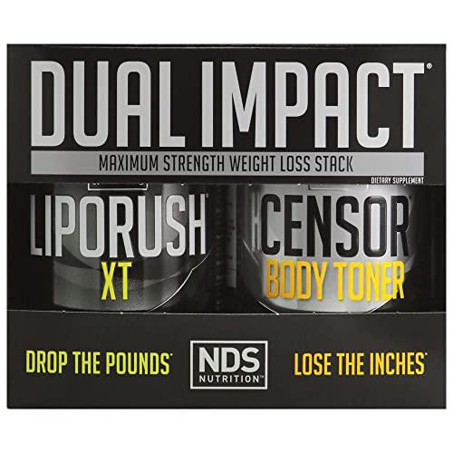 NDS Nutrition Maximum Strength Dual Impact Stack - Complete 2-in-1 Fat Loss Stack Enhanced with Teacrine, L-Carnitine, CLA for Serious Results - Censor 90 Softgels and LipoRush XT 60 Capsules