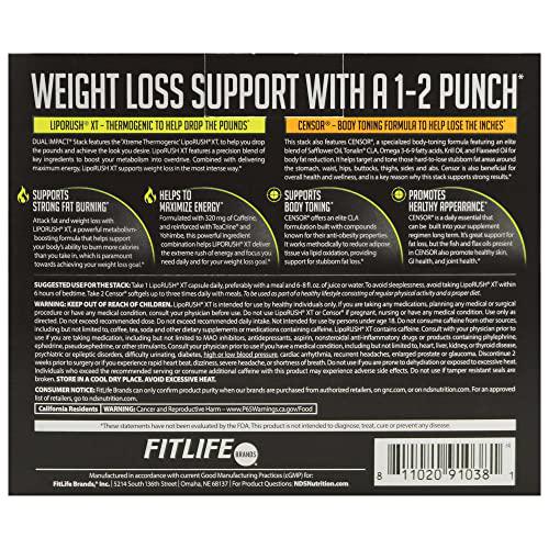 NDS Nutrition Maximum Strength Dual Impact Stack - Complete 2-in-1 Fat Loss Stack Enhanced with Teacrine, L-Carnitine, CLA for Serious Results - Censor 90 Softgels and LipoRush XT 60 Capsules