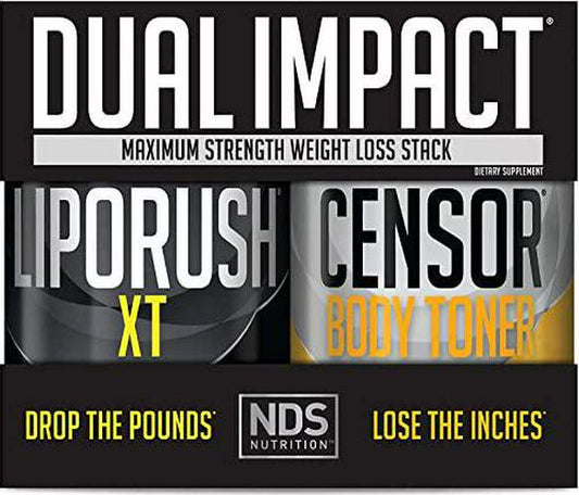 NDS Nutrition Maximum Strength Dual Impact Stack - Complete 2-in-1 Fat Loss Stack Enhanced with Teacrine, L-Carnitine, CLA for Serious Results - Censor 90 Softgels and LipoRush XT 60 Capsules