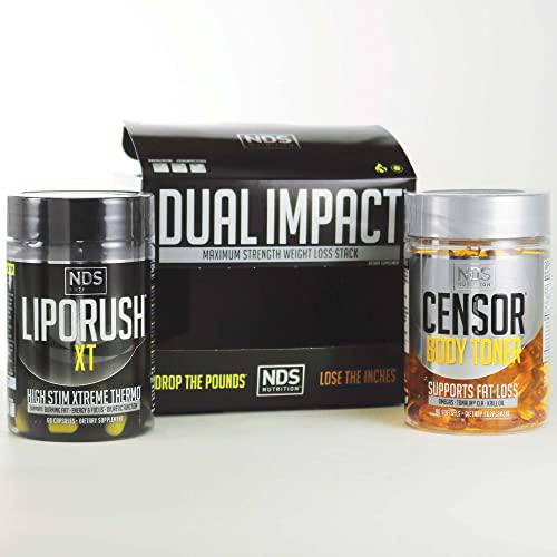NDS Nutrition Maximum Strength Dual Impact Stack - Complete 2-in-1 Fat Loss Stack Enhanced with Teacrine, L-Carnitine, CLA for Serious Results - Censor 90 Softgels and LipoRush XT 60 Capsules