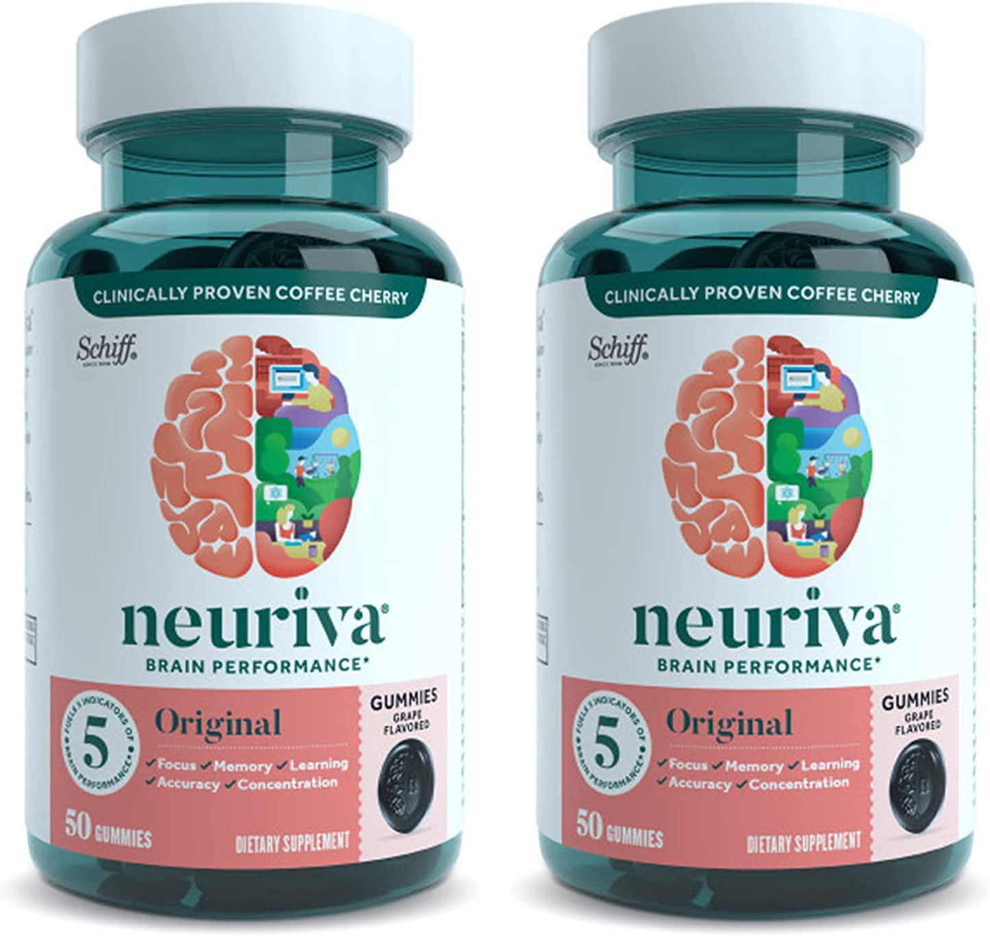 NEURIVA Original Grape Gummies (50ct) Phosphatidylserine, Gluten Free, Decaffeinated - Supports Focus, Memory, Learning, Accuracy and Concentration (Pack of 2)