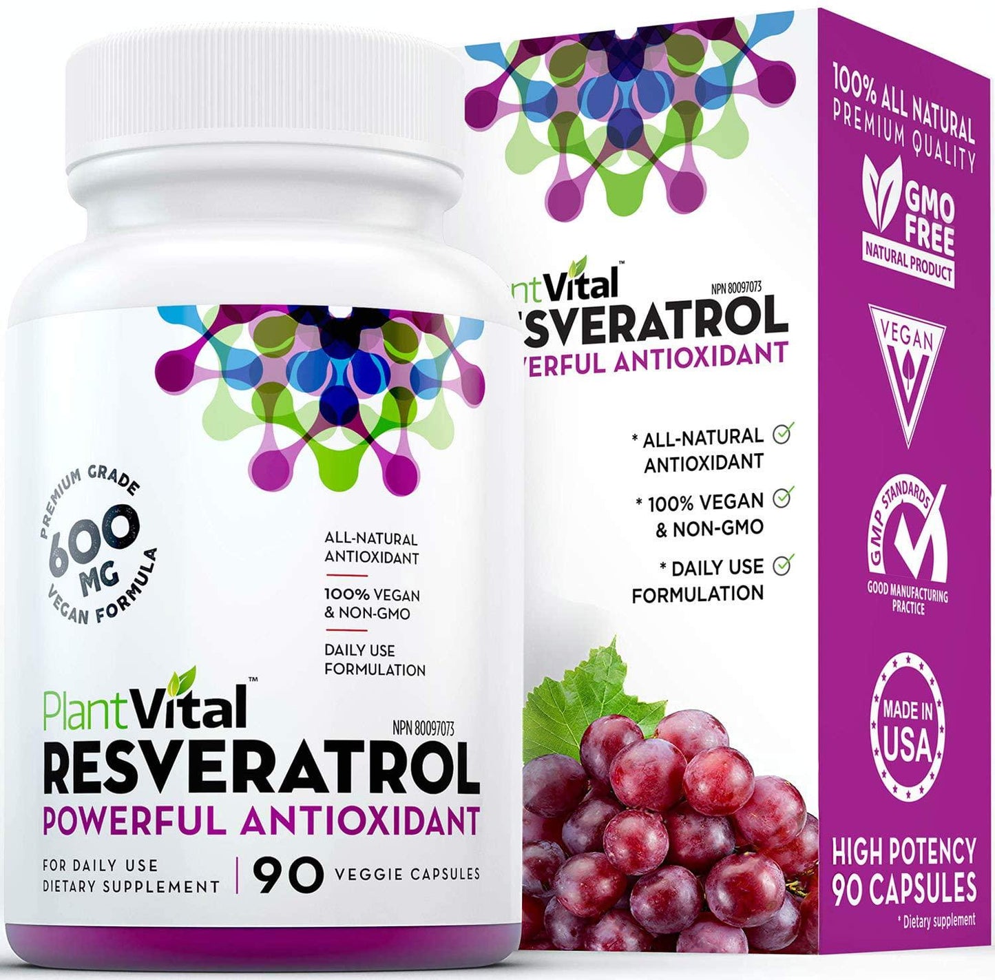 NEW! RESVERATROL HIGH POTENCY. 90 Vegan Capsules (not pills). 600mg Trans-Resveratrol Supplement Supports Heart Health, Weight Loss Management and Anti-Aging. Nature's Most Powerful Antioxidant. Non-GMO