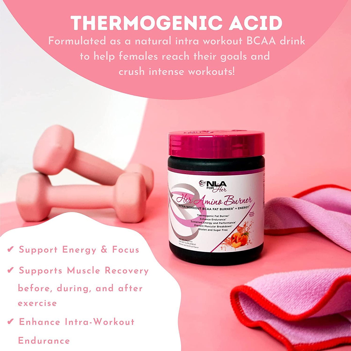 NLA for Her - Her Amino Burner - Intra-Workout BCAA Fat Burner + Energy - Sustained Energy, Focus, and Endurane. Promotes Fat Loss and Boosts Metabolism - 195 Grams (Sweet Georgia Peach)