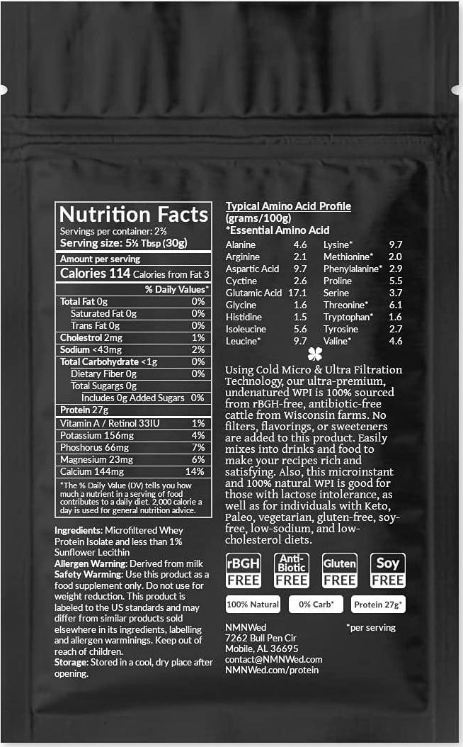 NMNWed Native and Raw Whey Protein Isolate, Unflavored, 0 CarbFat, Low CholesterolSodium, rBGH Free, Antibiotic Free, Gluten Free, Soy Free, Good for Keto, Paleo, and Lactose Intolerance (2.8 oz)