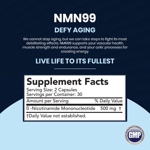 NMN 500mg Capsules 99%+ Pure NMN Supplement - Anti Aging Support NMN Nicotinamide Mononucleotide NMN Supplements with No Unnecessary Fillers Made in GMP Certified Facility by BariTransform