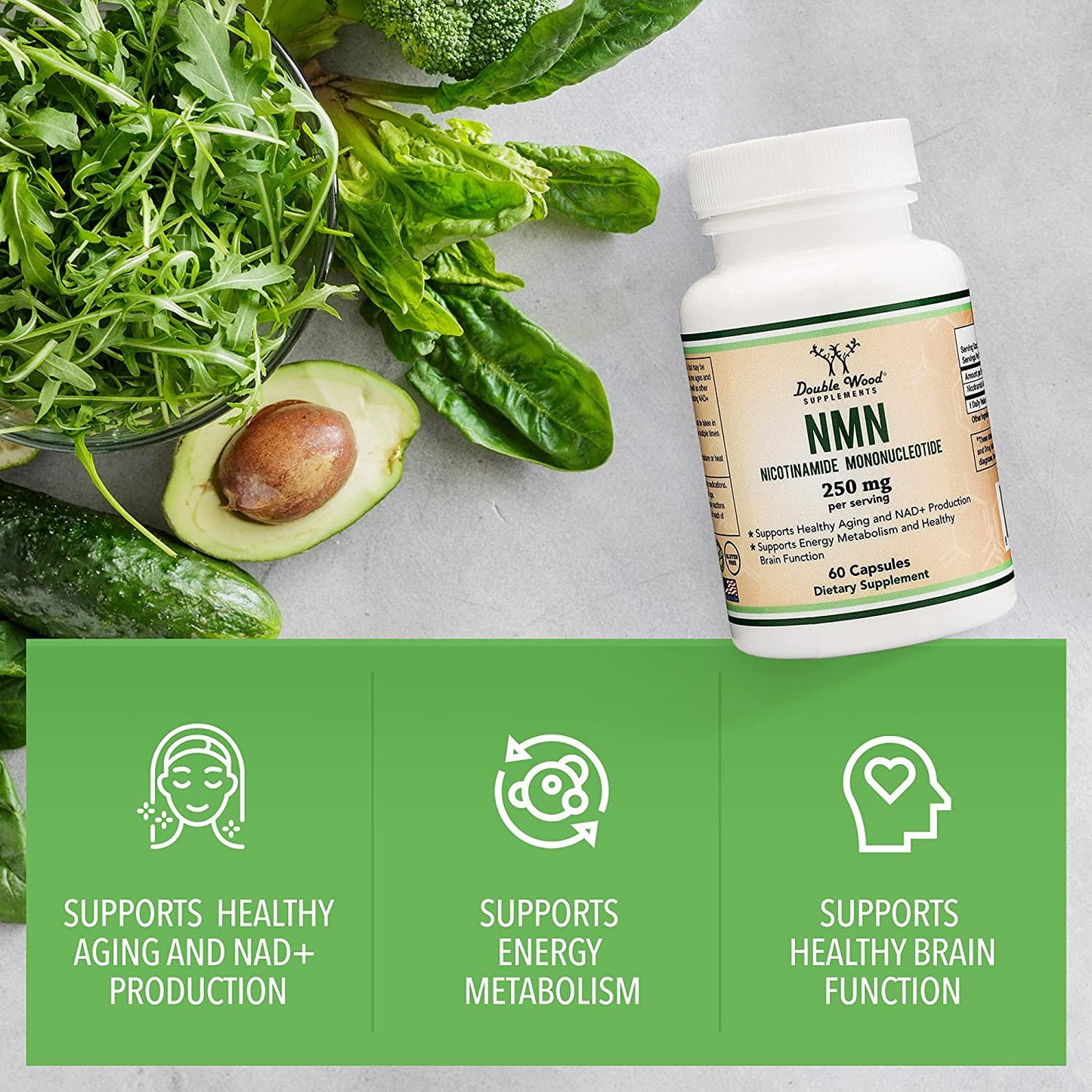 NMN Supplement 250mg Per Serving (Nicotinamide Mononucleotide), to Boost NAD+ Levels for Anti Aging by Double Wood Supplements (60 Capsules)